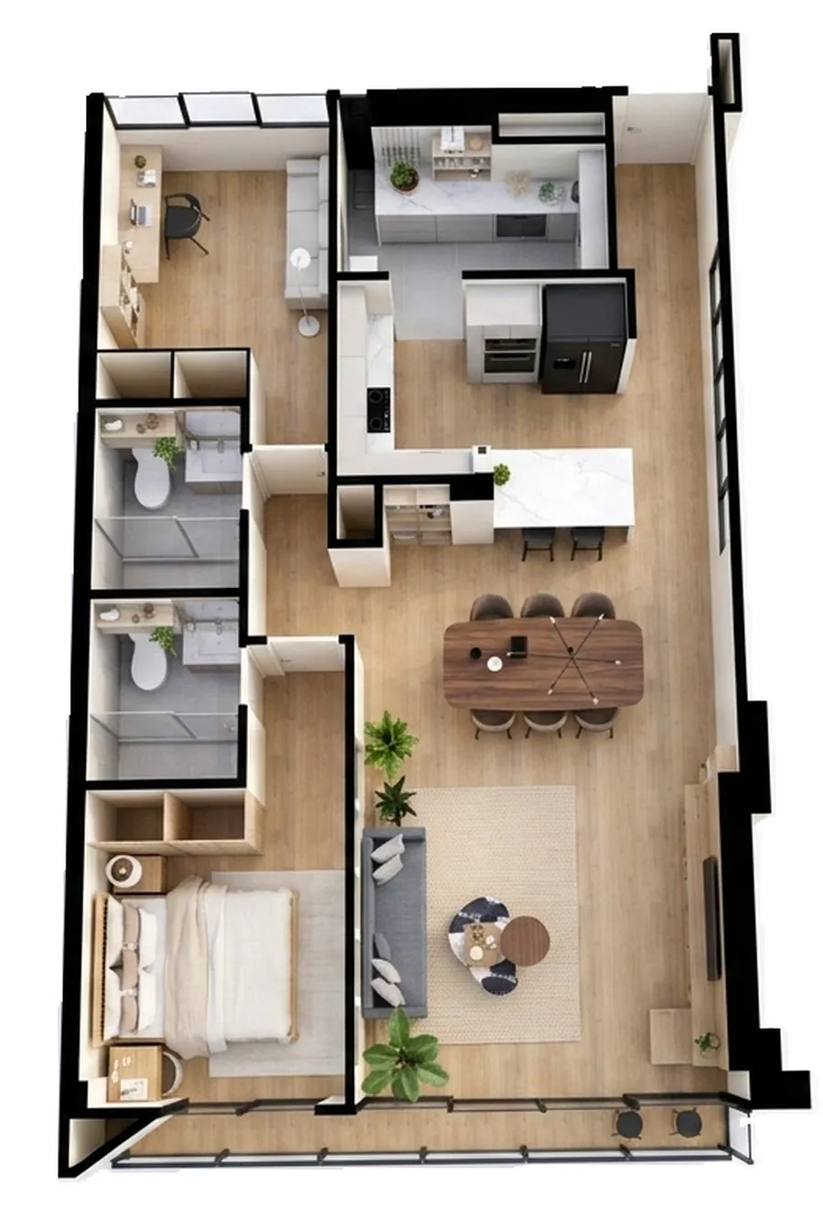 Lámina de planta de la tipología 04, flat de 1+1 dormitorios