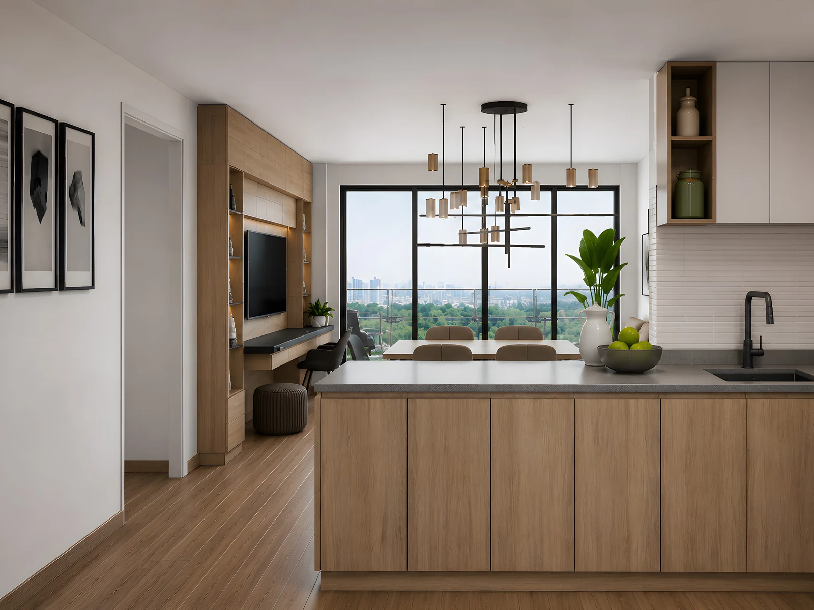 Render de la cocina integrada a la sala de un departamento de Infinity