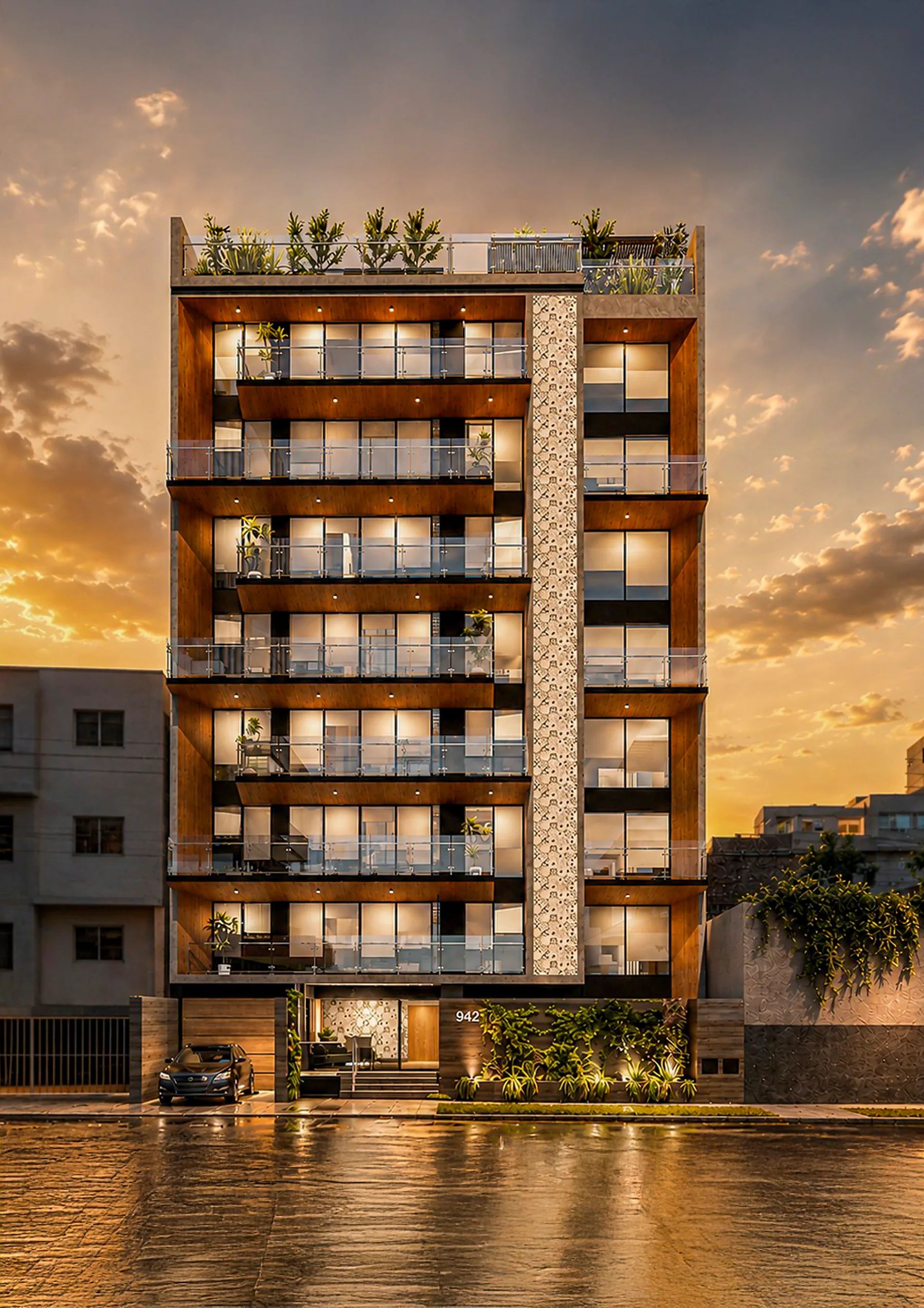 Fachada del edificio Infinity al atardecer, Av. José Gálvez Barrenechea 942, San Isidro