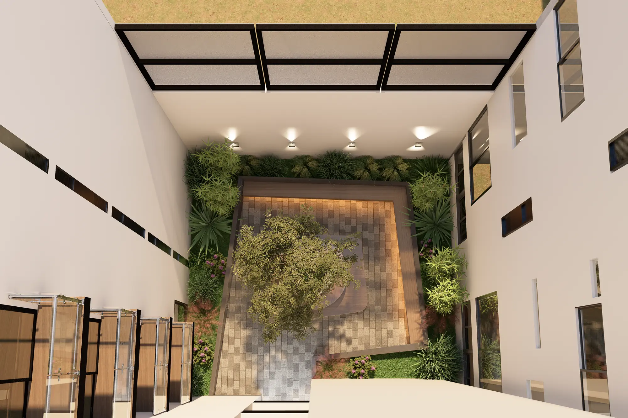 Render del patio interior con jardín vertical de Infinity